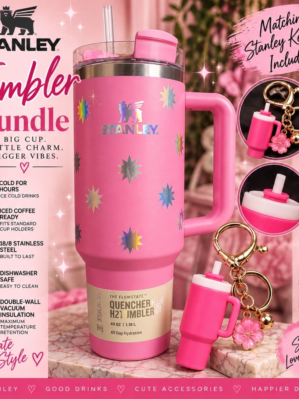 Stanley BUNDLE Pink Star Quencher Mug and Tumbler Keychain!!